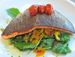 Crispy Skin Trout with Shaved Golden Beet, Heirloom Carrot & Lentil Salad