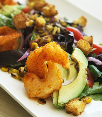 Southern Fried Shrimp Salad with Honey Bourbon Dressing & Corn Bread Croutons