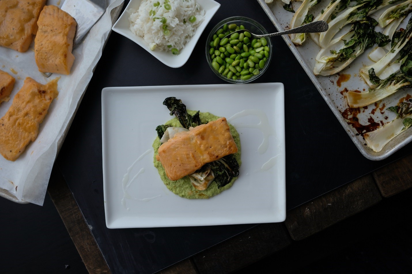 Asian Glazed Salmon on Roasted Bok Choy with Edamame Crush