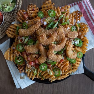 Irish Nachos Featuring Guinness Beer Battered Shrimp & Waffle Cut Fries