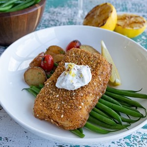 UpperCrust™ Everything Bagel Alaska Pollock with Citrus-Sumac Labneh & Za’atar Roasted Potatoes